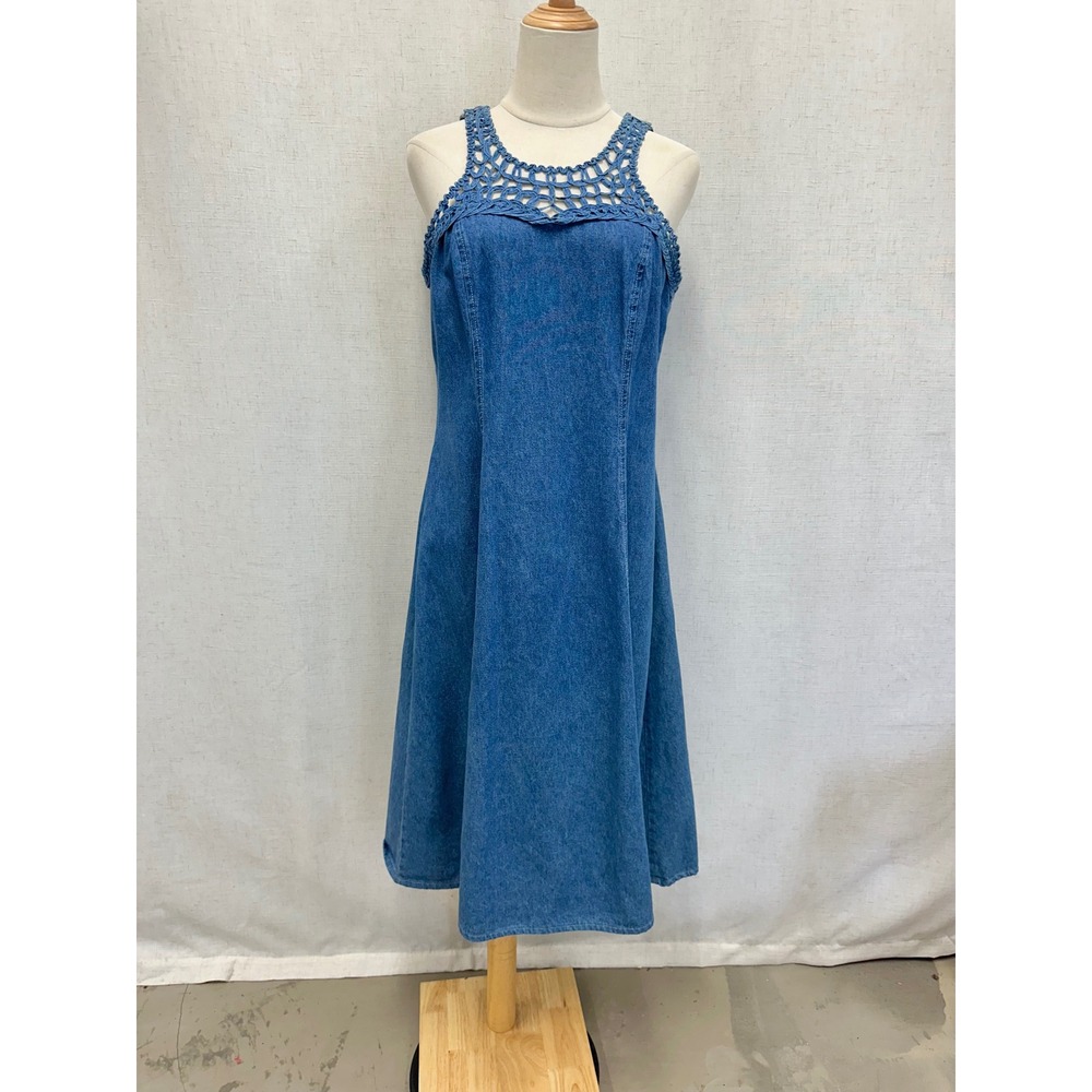 Fredericks of Hollywood Cotton Blue Denim Crochet Dress Size 11 Vintage 90s
